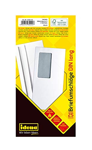 Idena 10220 - Briefumschläge DIN lang, 75 g / m², selbstklebend, mit Fenster, 25 Stück, FSC-Mix, weiß von Idena