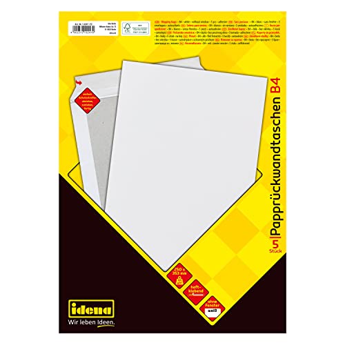 Idena 10247 - Versandtaschen DIN B4 mit Papprückwand, 5 Stück haftklebend, Umschläge ohne Fenster, aus 120 g/m² FSC-Mix Papier in Weiß von Idena
