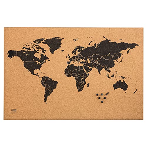 Idena 10415 - Pinnwand "World Map" aus Kork, mit schwarzer Weltkarte, mit 6 Pinnwandnadeln, ca. 60 x 40 cm groß, ideal als Wandbild, Dekoration und für den Arbeitsplatz von Idena