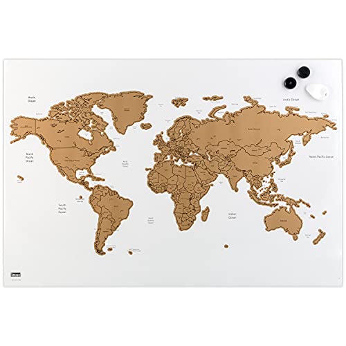 Idena 10416 – Whiteboard “World Map" in weiß mit goldener Weltkarte zum Freirubbeln, inklusive zwei Magneten und Clip, ca. 60 x 40 cm groß, ideal als Wandbild, Dekoration und für den Arbeitsplatz von Idena