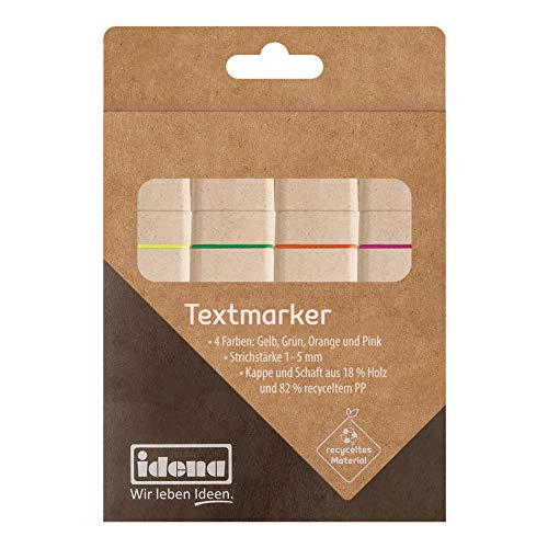 Idena 10539 - Textmarker recycelt, 4er Set, 1-5 mm, gelb, grün, orange und pink von Idena