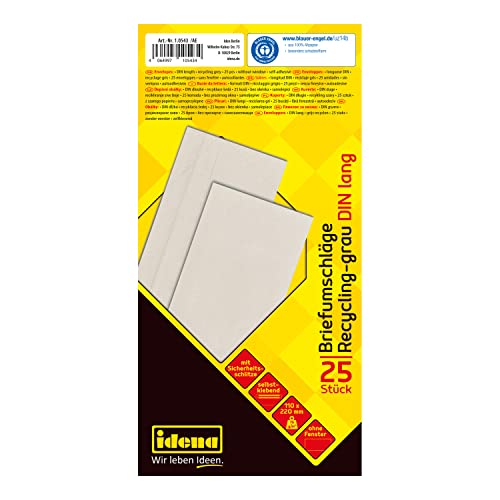 Idena 10543 - Briefumschläge ohne Fenster DIN lang, 25 Stück selbstklebend, Umschläge aus 75 g/m² Recycling Papier in Grau Idena 10543 - Briefumschläge ohne Fenster DIN lang, 25 Stück selbstklebend, Umschläge aus 75 g/m² Recycling Papier in Grau von Idena