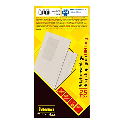 Idena 10544 - Briefumschläge mit Fenster DIN lang, 25 Stück selbstklebend, Umschläge aus 75 g/m² Recycling Papier in Grau Idena 10544 - Briefumschläge mit Fenster DIN lang, 25 Stück selbstklebend, Umschläge aus 75 g/m² Recycling Papier in Grau von Idena