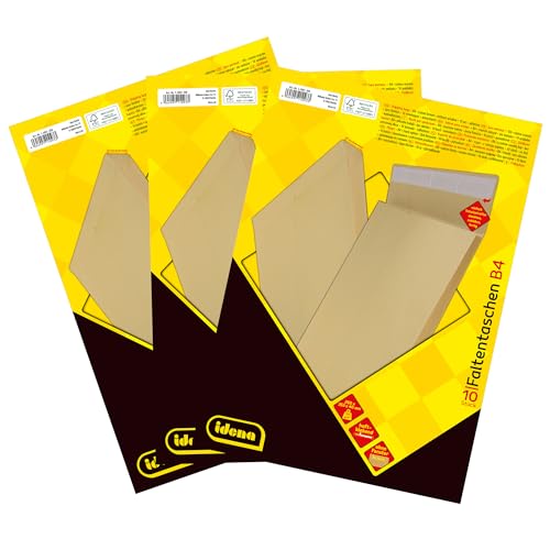 Idena 11093-3 - Versandtaschen DIN B4, 30 Stück haftklebend, Faltentaschen mit 4 cm Bodenfalte, Umschläge ohne Fenster, aus 140 g/m² FSC-Recycled Papier in Braun von Idena