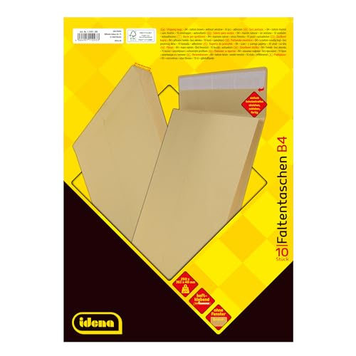 Idena 11093 - Versandtaschen DIN B4, 10 Stück haftklebend, Faltentaschen mit 4 cm Bodenfalte, Umschläge ohne Fenster, aus 140 g/m² FSC-Recycled Papier in Braun von Idena