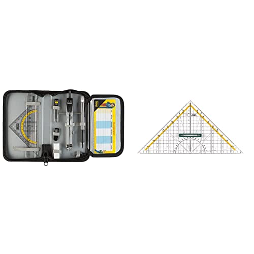 Idena 20066 - Zirkel im Etui, 11-teilig, mit Geodreieck, Lineal, Ersatzminen für den Zirkel & Linex Geodreieck aus Kunststoff, mit Griff, 30 cm, bruchsicher und transparent von Idena