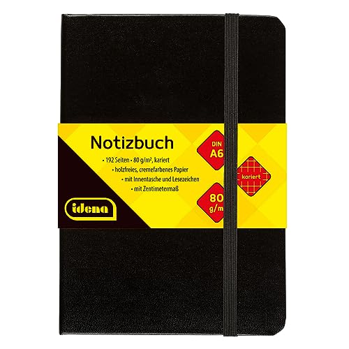 Idena 209282 - Notizbuch DIN A6, kariert, Papier cremefarben, 192 Seiten, 80 g/m², Hardcover in schwarz, 1 Stück von Idena