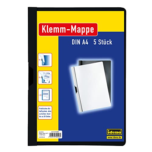 Idena 300567 - Klemmmappe für DIN A4, schwarz, 5 Stück, Fassungsvermögen bis zu 30 Seiten von Idena