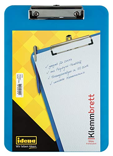 Idena 507051 - Klemmbrett für DIN A4 vernickelte Klemmmechanik, transluzent, blau von Idena