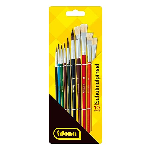 Idena 60103 - Schulpinsel Set, 10er Set mit 6 Rundpinsel und 4 Borstenpinsel, lackiert von Idena