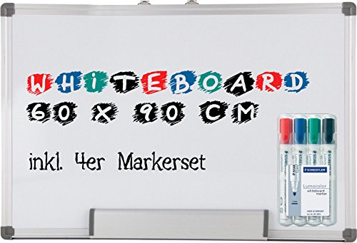 Idena - Whiteboard 60 x 90 cm, Alu-Rahmen, mit Stiftablage + 4er Marker Set von Idena