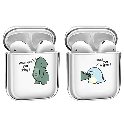 Idocolors Dinosaurier-Paar-AirPod-Hülle kompatibel mit AirPods 2 für Mädchen und Jungen, Liebhaber-Muster mit Text, niedliche lustige Hüllen, staubdicht, Kawaii-Airpod-Abdeckung mit Schlüsselanhänger von Idocolors