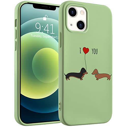 Idocolors Handyhülle für Paare für iPhone 14, grünes Tier, flüssiges Silikon, Dackel, Hundemuster, Cartoon, weiches Gel-Gummi, vollständiger Schutz, Mikrofaser-Futter, stoßfeste Abdeckung von Idocolors