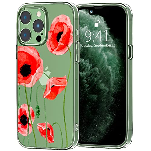 Idocolors Rote Mohnblumen-Handyhülle, transparente Hülle für iPhone 12/12 Pro, mädchenhafte Blumen-Schutzhülle, transparent, einzigartiges Design, stoßfest, Abdeckung für iPhone 12/12 Pro von Idocolors