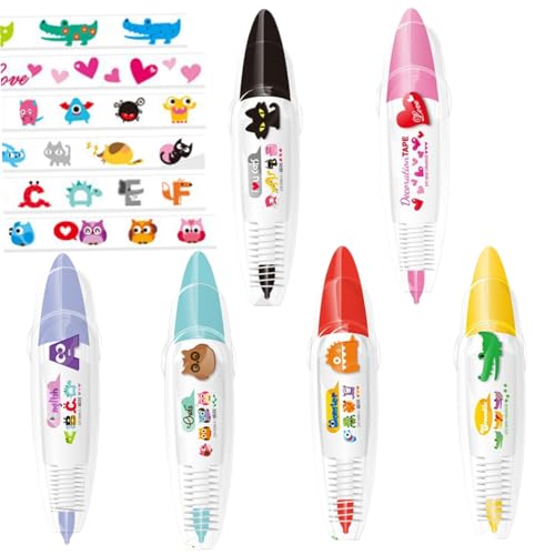 Iewroyt 6 PCs Bandstift, Cartoon -Musterkorrekturstift, süße DIY -Spitzen -Dekorationsstifte, lebendige Muster Korrekturband, dekorative Stifte Geschenk für Kinder und Erwachsene von Iewroyt