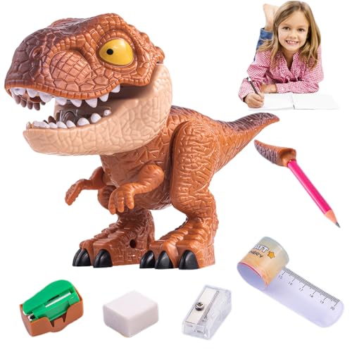Iewroyt Dinosaurier Bleistift -Gehäuse -Set, 5 in 1 Briefpapiersets umfasst Herrscher, Bleistift, Spitzer, Bindmaschine, Radiergummi Dinosaur Toys Schülern für Jungen und Mädchen von Iewroyt