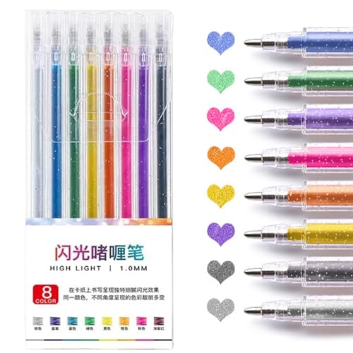 Iewroyt Glitzergelstifte, 8 Farb Neon-Glitzer-Stifte, 1 mm feines Tippsfarbe, Schnellrocknmarkierungen mit klaren Muscheln für Malbuch, Zeichnen, Kritzeln von Iewroyt