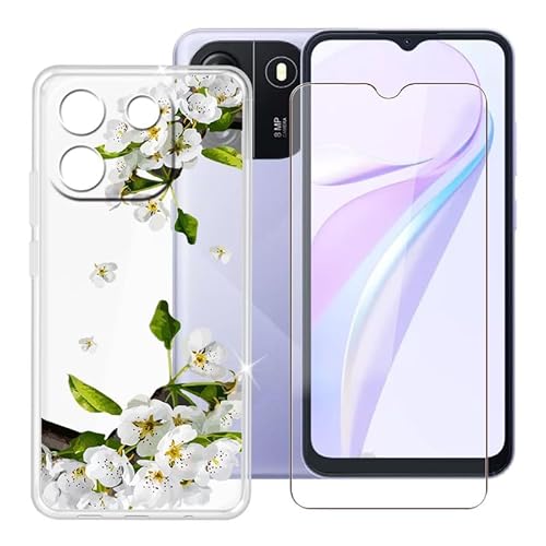 Ikiiqii Hülle für Blackview Wave 6C (6.50") Schutzhülle Clear Bumper Cover Sanft Silikon TPU Schale Case Handyhülle + Gehärtetes Glass schutzfolie Temperierte Folie - Birnenblüten von Ikiiqii