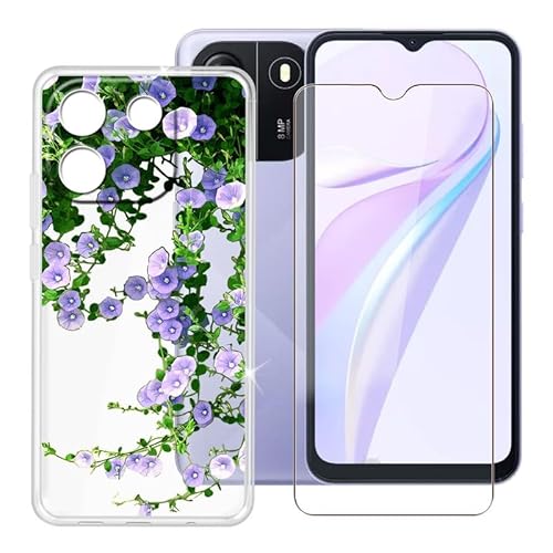 Ikiiqii Hülle für Blackview Wave 6C (6.50") Schutzhülle Clear Bumper Cover Sanft Silikon TPU Schale Case Handyhülle + Gehärtetes Glass schutzfolie Temperierte Folie - Lila Blumen von Ikiiqii