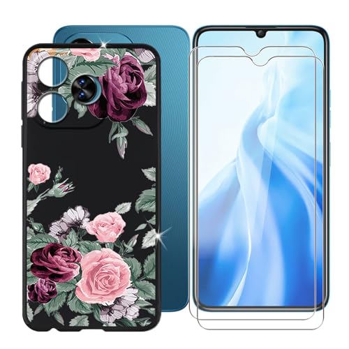 Ikiiqii Hülle für Oukitel C51 (6.80") Schutzhülle Black Bumper Cover Sanft Silikon TPU Schale Case Handyhülle + [2 Sätze] Gehärtetes Glass schutzfolie - Blumen von Ikiiqii