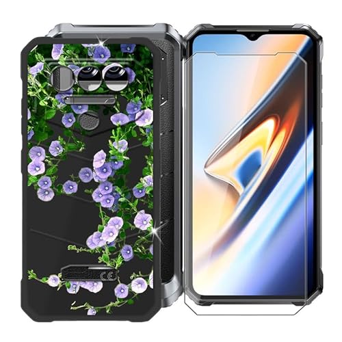 Ikiiqii Hülle für Oukitel WP38 (6.52") Schutzhülle Black Bumper Cover Sanft Silikon TPU Schale Case Handyhülle + Gehärtetes Glass schutzfolie Temperierte Folie - Lila Blumen von Ikiiqii
