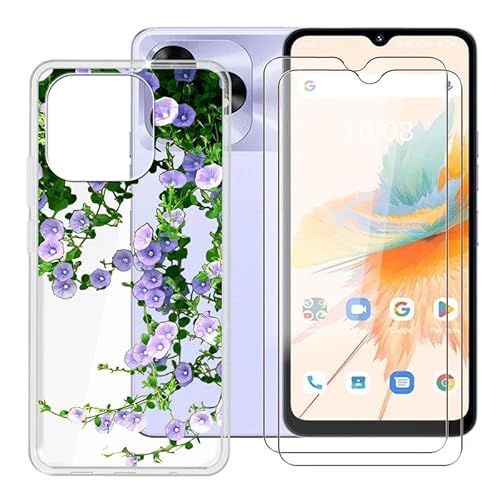 Ikiiqii Hülle für Umidigi A15 (6.70") Schutzhülle Clear Bumper Cover Sanft Silikon TPU Schale Case Handyhülle + [2 Sätze] Gehärtetes Glass schutzfolie - Lila Blumen von Ikiiqii
