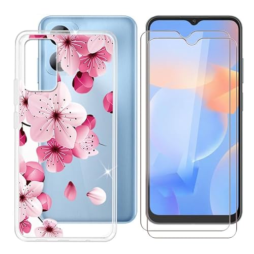 Ikiiqii für Blackview A52 Pro (6.50") Handyhülle + Displayschutz(2 Sätze), Hülle rutschfeste Stoßkasten Schale Schutzhülle + Gehärtetes Glas - Rosa Blumen von Ikiiqii