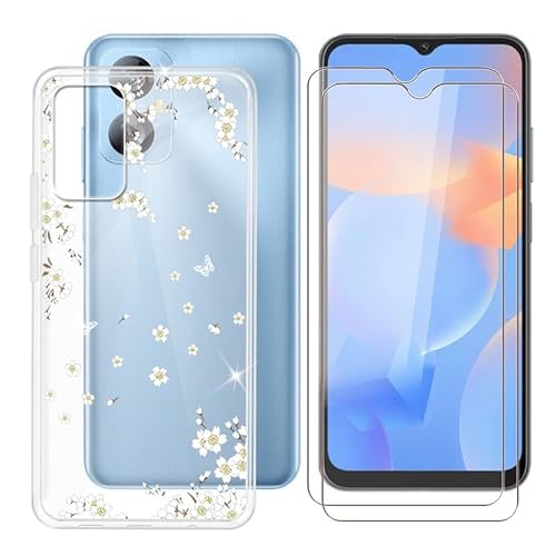 Ikiiqii für Blackview A52 Pro (6.50") Handyhülle + Displayschutz(2 Sätze), Hülle rutschfeste Stoßkasten Schale Schutzhülle + Gehärtetes Glas - Weiße Blumen von Ikiiqii