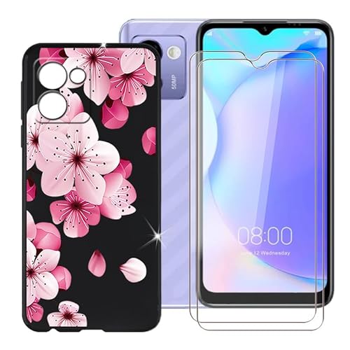 Ikiiqii für Doogee N50 Pro (6.52") Handyhülle + Displayschutz(2 Sätze), Hülle rutschfeste Stoßkasten Schale Schutzhülle + Gehärtetes Glas - Rosa Blumen von Ikiiqii