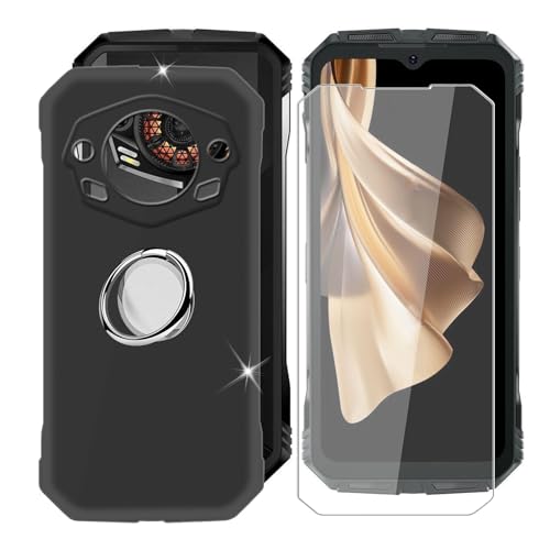 Ikiiqii für Doogee S Punk (6.58") Handyhülle + Gehärtetes Glas, Hülle rutschfeste Stoßfest Sturzsichere Schutzhülle Weich Silikon Case mit Handy Ring Handyhalter Fingerhalter 360° - Schwarz von Ikiiqii
