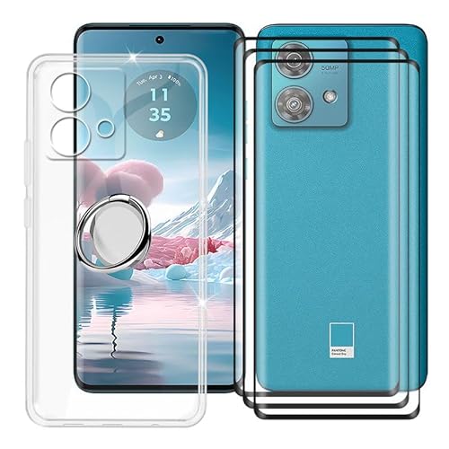 Ikiiqii für Motorola Edge 40 Neo (6.55") Handyhülle + Displayschutz(3 Sätze), Hülle rutschfeste Stoßkasten Schale Schutzhülle mit Handy Ring Handyhalter Fingerhalter 360° - Transparent von Ikiiqii
