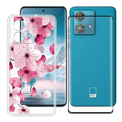 Ikiiqii für Motorola Edge 40 Neo (6.55") Handyhülle + Gehärtetes Glas, Hülle rutschfeste Stoßfest Sturzsichere Schutzhülle Weich Silikon Case - Rosa Blumen von Ikiiqii