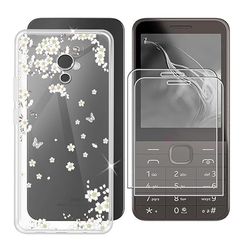 Ikiiqii für Nokia 235 4G 2024 (2.80") Handyhülle + Displayschutz(2 Sätze), Hülle rutschfeste Stoßkasten Schale Schutzhülle + Gehärtetes Glas - Weiße Blumen von Ikiiqii