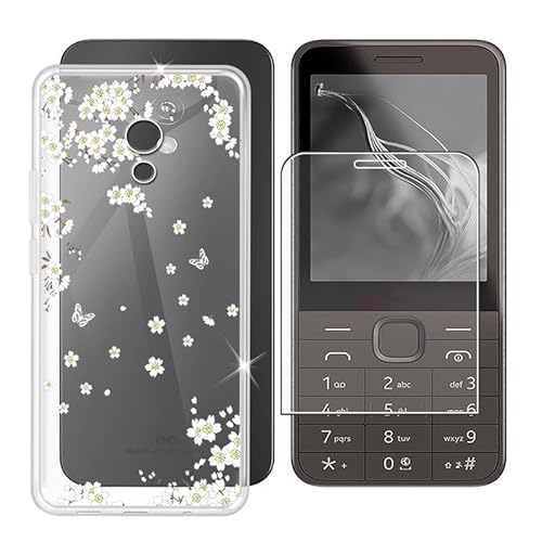Ikiiqii für Nokia 235 4G 2024 (2.80") Handyhülle + Gehärtetes Glas, Hülle rutschfeste Stoßfest Sturzsichere Schutzhülle Weich Silikon Case - Weiße Blumen von Ikiiqii