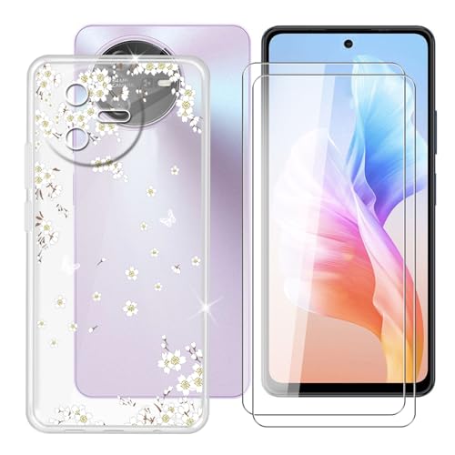 Ikiiqii für Oscal Tiger 12 (6.78") Handyhülle + Displayschutz(2 Sätze), Hülle rutschfeste Stoßkasten Schale Schutzhülle + Gehärtetes Glas - Weiße Blumen von Ikiiqii