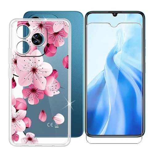 Ikiiqii für Oukitel C51 (6.80") Handyhülle + Gehärtetes Glas, Hülle rutschfeste Stoßfest Sturzsichere Schutzhülle Weich Silikon Case - Rosa Blumen von Ikiiqii