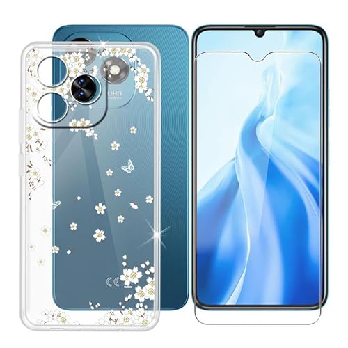 Ikiiqii für Oukitel C51 (6.80") Handyhülle + Gehärtetes Glas, Hülle rutschfeste Stoßfest Sturzsichere Schutzhülle Weich Silikon Case - Weiße Blumen von Ikiiqii