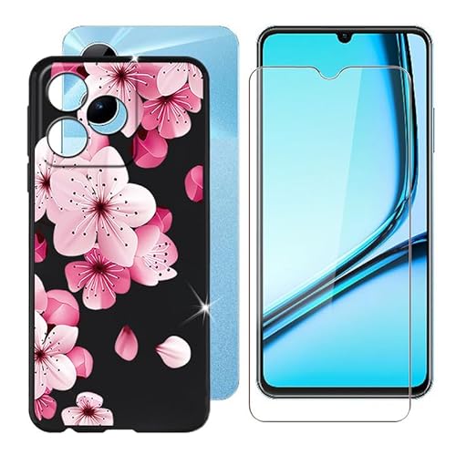 Ikiiqii für Realme Note 50 (6.74") Handyhülle + Gehärtetes Glas, Hülle rutschfeste Stoßfest Sturzsichere Schutzhülle Weich Silikon Case - Rosa Blumen von Ikiiqii