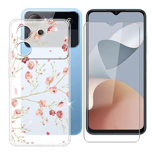Ikiiqii für ZTE Blade A54 (6.60") Handyhülle + Gehärtetes Glas, Hülle rutschfeste Stoßfest Sturzsichere Schutzhülle Weich Silikon Case - Kleine Blumen von Ikiiqii