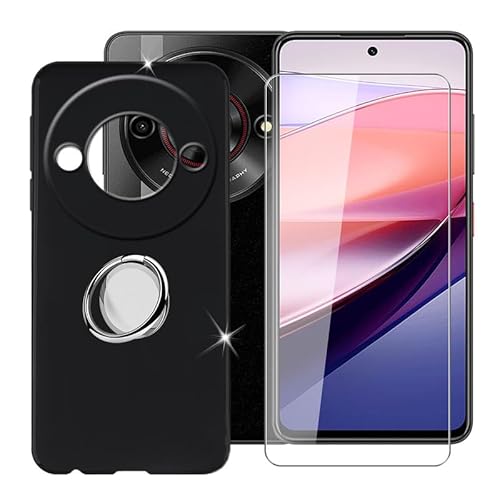 Ikiiqii für ZTE Nubia Focus 5G (6.60") Handyhülle + Gehärtetes Glas, Hülle rutschfeste Stoßfest Sturzsichere Schutzhülle Weich Silikon Case mit Handy Ring Handyhalter Fingerhalter 360° - Schwarz von Ikiiqii