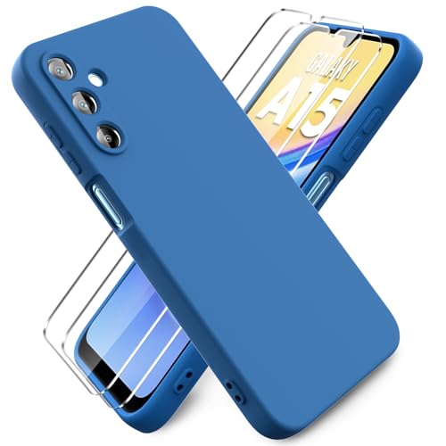 Ikziwreo - Hülle für Samsung Galaxy A15 4G/5G Handyhülle, mit 2 Stück Displayschutzfolien, Reiner Farbe Ultradünne Weich Silikonhülle, Stoßfeste Anti-Scratch Gummi Schutzhülle - Blau von Ikziwreo