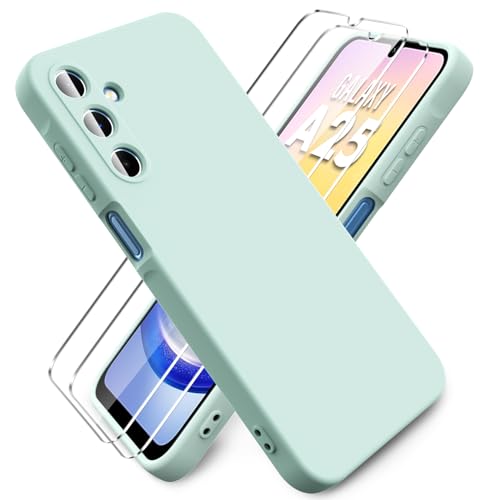 Ikziwreo - Hülle für Samsung Galaxy A25 5G Handyhülle, mit 2 Stück Displayschutzfolien, Reiner Farbe Ultradünne Weich Silikonhülle, Stoßfeste Anti-Scratch Gummi Schutzhülle - Minzgrün von Ikziwreo