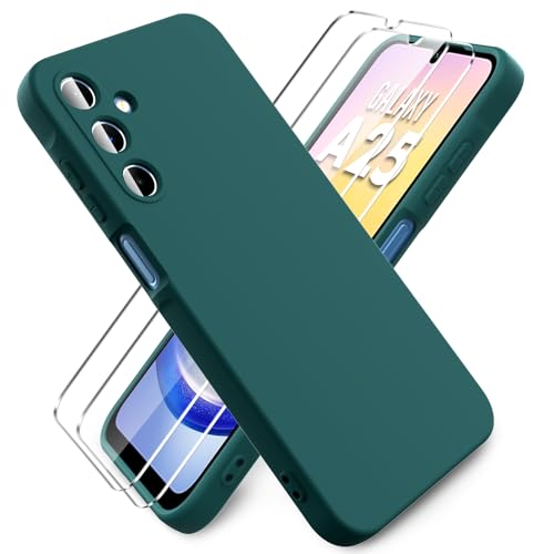 Ikziwreo - Hülle für Samsung Galaxy A25 5G Handyhülle, mit 2 Stück Displayschutzfolien, Reiner Farbe Ultradünne Weich Silikonhülle, Stoßfeste Anti-Scratch Gummi Schutzhülle - Nachtgrün von Ikziwreo