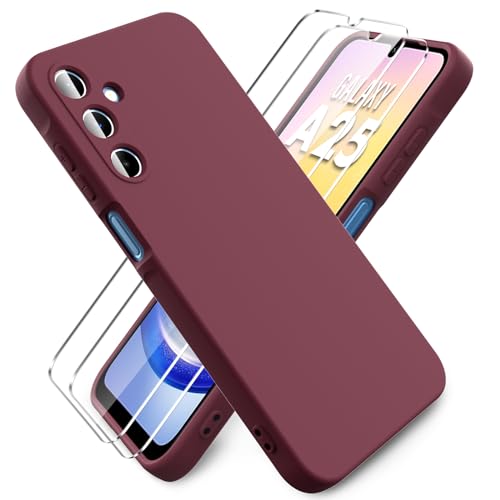Ikziwreo - Hülle für Samsung Galaxy A25 5G Handyhülle, mit 2 Stück Displayschutzfolien, Reiner Farbe Ultradünne Weich Silikonhülle, Stoßfeste Anti-Scratch Gummi Schutzhülle - Weinrot von Ikziwreo