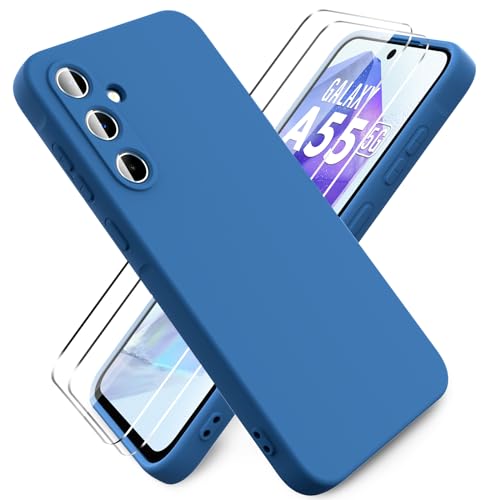 Ikziwreo - Hülle für Samsung Galaxy A55 5G Handyhülle, mit 2 Stück Displayschutzfolien, Reiner Farbe Ultradünne Weich Silikonhülle, Stoßfeste Anti-Scratch Gummi Schutzhülle - Blau von Ikziwreo