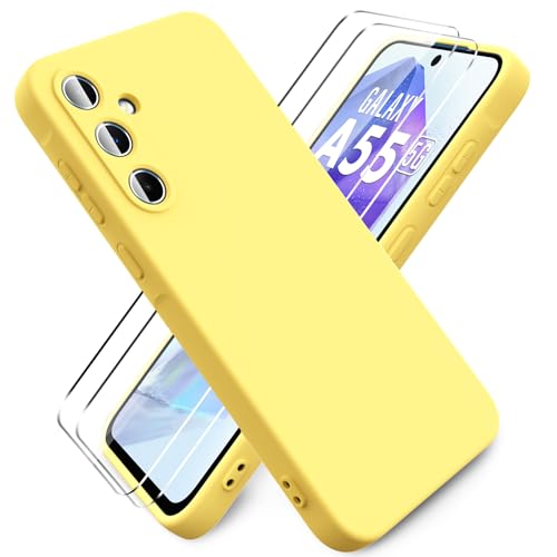 Ikziwreo - Hülle für Samsung Galaxy A55 5G Handyhülle, mit 2 Stück Displayschutzfolien, Reiner Farbe Ultradünne Weich Silikonhülle, Stoßfeste Anti-Scratch Gummi Schutzhülle - Gelb von Ikziwreo