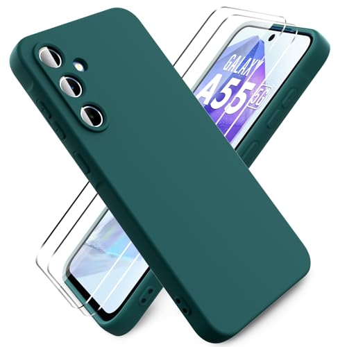 Ikziwreo - Hülle für Samsung Galaxy A55 5G Handyhülle, mit 2 Stück Displayschutzfolien, Reiner Farbe Ultradünne Weich Silikonhülle, Stoßfeste Anti-Scratch Gummi Schutzhülle - Nachtgrün von Ikziwreo