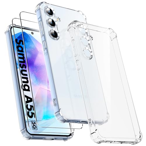 Ikziwreo - Hülle für Samsung Galaxy A55 5G mit 2 Stück gehärtetem Glas, weiche transparente TPU-Silikonhülle [Stoßstange mit verstärkten Ecken], transparente Anti-Schock-Hülle von Ikziwreo