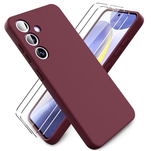 Ikziwreo - Hülle für Samsung Galaxy S24 Handyhülle, mit 2 Stück Displayschutzfolien, Reiner Farbe Ultradünne Weich Silikonhülle, Stoßfeste Anti-Scratch Gummi Schutzhülle - Weinrot von Ikziwreo