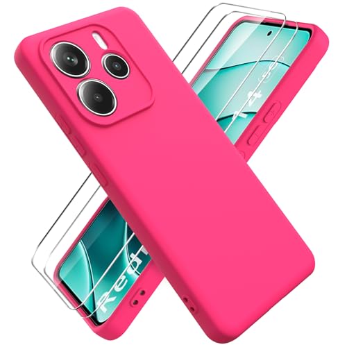 Ikziwreo Hülle für Xiaomi Redmi Note 14 5G Handyhülle, mit 2 Stück Displayschutzfolien, Reiner Farbe Ultradünne Weich Silikonhülle, Stoßfeste Anti-Scratch Gummi Schutzhülle - Leuchtend Rosa von Ikziwreo